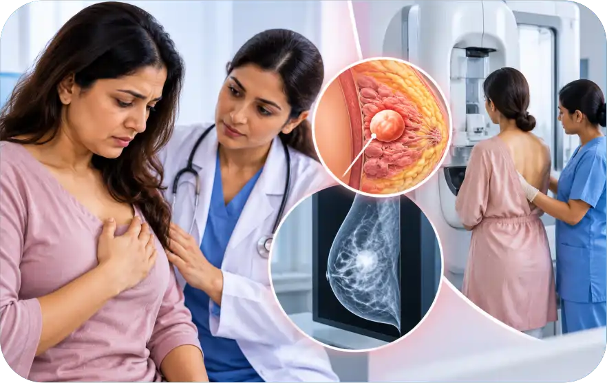 Woman discussing a breast lump and mammogram screening with a doctor at Bhatia Hospital, Mumbai